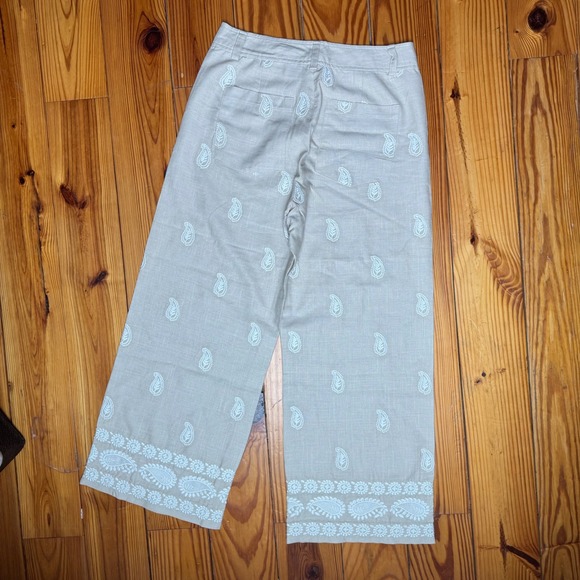 NWT Elie Tahari Linen Pants Womens Size 8 Tan Embroidered Paisley Boho Wide Leg - Picture 4 of 7